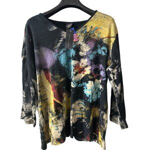 Katina Marie Womens V-Neck 3/4 Sleeve Top,  Abstract Floral Design & Accents, 1X